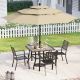 Black 6-Piece Metal Outdoor Patio Dining Set with Umbrella and Wood-Look Square Table and Elegant Stackable Chairs