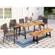 Black 6-Piece Metal Patio Acacia Wood Outdoor Dining Set with Rectangular Table, 4 Rattan Chairs and Long Bench THD6-201-202-99
