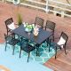 PHI VILLA Black 7-pc Metal Outdoor Patio Dining Set with Slat Rectangle Table and Elegant Stackable Chairs