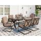 7-Piece Metal Patio Outdoor Dining Set with Wood-look Pattern Rectangle Table and C-Spring Chair with Beige Cushions
