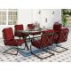 7-Piece Metal Patio Outdoor Dining Set with Wood-Look Pattern Rectangle Table and C-Spring Chair with Red Cushions