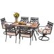 7-Piece Metal Outdoor Dining Set w/ Beige Cushions Swivel Rockers and Wood-Look Dining Table