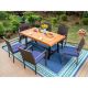Black 7-Piece Metal Patio Acacia Wood Outdoor Dining Set with Rectangular Table and Rattan Chair with Blue Cushion THD7-201-098