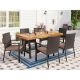 Black 7-Piece Metal Patio Acacia Wood Outdoor Dining Set with Rectangular Table and Rattan Chair with Beige Cushion THD7-201-099