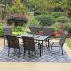 7-Piece Black Metal Patio Outdoor Dining Set w/ Rectangle Table and Brown Rattan High Back Wave Arm Chairs