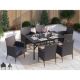 Black 7-Piece Metal Patio Outdoor Dining Set with Straight-Leg Rectangle Table and Rattan Chairs with Blue Cushion