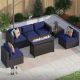 7-Piece Wicker Patio Fire Pit Set with Blue Cushions
