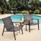 Outdoor 3-Piece PE Wicker Patio Conversation Set Leather Texture Bistro Set in Black