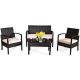 4-Piece Wicker Patio Conversation Set Outdoor Rattan Table and Chair w/ Beige Cushions