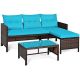 Brown 3-Piece Wicker Outdoor Sectional Set Patio Conversation Set Sofa and Coffee Table w/ Turquoise Cushions