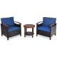 HONEY JOY Brown 3-Piece Wicker Round 19 in. Outdoor Bistro Set Acacia Wood Frame Sofa and Side Table with Blue Cushions