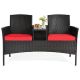 HONEY JOY Brown Wicker Outdoor Patio Conversation Set Loveseat Sofa with Coffee Table and Red Cushions