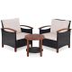 HONEY JOY Brown 3-Piece Wicker Patio Conversation Set Outdoor Rattan Bistro Set with Beige Cushions