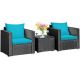 HONEY JOY 3-Piece Wicker Patio Conversation Set with 2 Turquoise Cushioned Sofas and Coffee Table for Outdoor