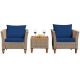 Brown 3-Piece Wicker Patio Conversation Set Outdoor Rattan Sofa Set w/ Navy Cushions
