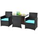 HONEY JOY 3-Pieces Wicker Patio Conversation Set Space-Saving Furniture Set with Tempered Glass Top Table and Turquoise Cushions
