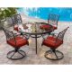 Hanover Traditions 5-Piece Aluminum Outdoor Dining Set with Swivel Chairs with Red Cushions and Glass-Top Table