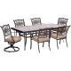 Hanover 7-pc Aluminum Outdoor Dining Set with Rectangular Glass Table and 2 Swivel Chairs with Natural Oat Cushions