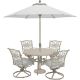 Hanover Traditions 5-pc Aluminum Outdoor Dining Set with 4 Swivel Rockers, Umbrella and Cast Table with Beige Cushions