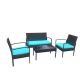 4-Piece Outdoor Rattan Wicker Patio Conversation Set w/ Blue Cushions and Coffee Table