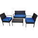 4-Piece Outdoor Rattan Wicker Patio Conversation Set w/ Navy Cushions and Coffee Table