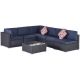 Black 7-Piece Wicker Patio Conversation Sectional Seating Set with 2 Pillows and Dark Blue Cushions