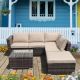 Brown 4-Piece Wicker Outdoor Rattan Sectional Sofa Set with Beige Cushions