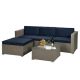 5-Piece Gray Patio Wicker Furniture Set 4-Seat Sofa Outdoor Sectional Set with Navy Blue Cushioned