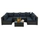 Dark Coffee  7-Piece PE Rattan Wicker Outdoor Furniture Set Deep Seating Sectional Sofa Set w/ Dark Blue Cushions