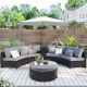 6-Piece Wicker Sectional Half Round Patio Conversation Set with Gray Cushions and One Storage Side Table for Umbrella