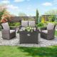 4 Piece Wicker Patio Conversation Set with 44 In. 50,000 BTU Black Fire Pit Table/Wind Guard in Gray Cushion