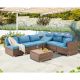 7 Piece PE Wicker Patio Conversation Set in Blue Cushion