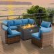 7-Piece Wicker Patio Conversation Set with 44 in. Black 50,000 BTU Fire Pit Table/Wind Guard in Blue Cushion