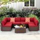 7-Piece Hand Woven PE Wicker/Rattan Patio Conversation Set with Glass Table in Wine Red Cushion