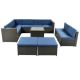 Black 9-Piece Wicker Rattan Outdoor Sectional Set with Blue Cushions and Ottomans