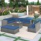 Gary 9-Piece Wicker Rattan Outdoor Sectional Set with Blue Cushions and Ottomans