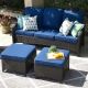 OVIOS Joyoung Brown 3-Piece Wicker outdoor Patio Sectional Conversation Seating Set w/ Navy Blue Cushions