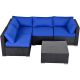Black 5-pc PE Wicker & Steel Outdoor Sectional Sofa Loveseat Conversation Set & Coffee Table with Royal Blue Cushions