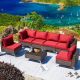 7-Pieces Wicker Outdoor Sectional Set Outdoor Sectional Sofa Conversation Set with Red Cushions and Pillows