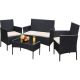 Black 4-Piece Wicker Patio Conversation Seating Set with Beige Cushions