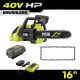 RYOBI 40V HP Brushless 16 in. Battery Chainsaw with 16 in. 0.050-Gauge Replacement Chain, 4.0 Ah Battery, and Charger