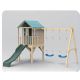 TENONER Outdoor Wooden Playset with Elevated Clubhouse, Roof, Double Swing, Ladder, and Wave Slide