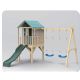 TENONER Outdoor Wooden Playset with Elevated Clubhouse, Rock Wall, Slide, and Double Swing Set