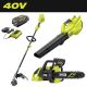 RYOBI 40V 15 in. Expand-It Cordless Battery Attachment Capable String Trimmer w/ Blower, Chainsaw, 4.0 Ah Battery and Charger