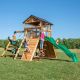 Backyard Discovery Endeavor Outdoor Playground Set w/ Elevated Clubhouse, Climbing Wall, Swing Set, Web Swing, and Green Wave Slide
