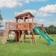 Backyard Discovery Sterling Point Outdoor Playground Set w/ Elevated Clubhouse, Balcony, Web Swing, Swing Set, and Green Wave Slide