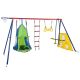 Blue and Green Kids Metal Swing Set for Backyard with Net Swing and Face to Face Metal Plastic Safe Swing Seat