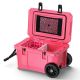 Hooure 26.77 in. 55 qt. Pink Portable Leak-Proof Outdoor Insulated Cooler Food Cart Wheels Handle, Cup Holders for Camping