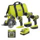RYOBI ONE+ 18V Cordless 4-Tool Combo Kit with 1.5 Ah Battery, 4.0 Ah Battery, Charger, and Diamond Grit Driving Set (12-Piece)