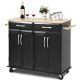 Costway - Rolling Kitchen Trolley Island Cart Wood Top Storage Cabinet Utility W/ Drawers - Black